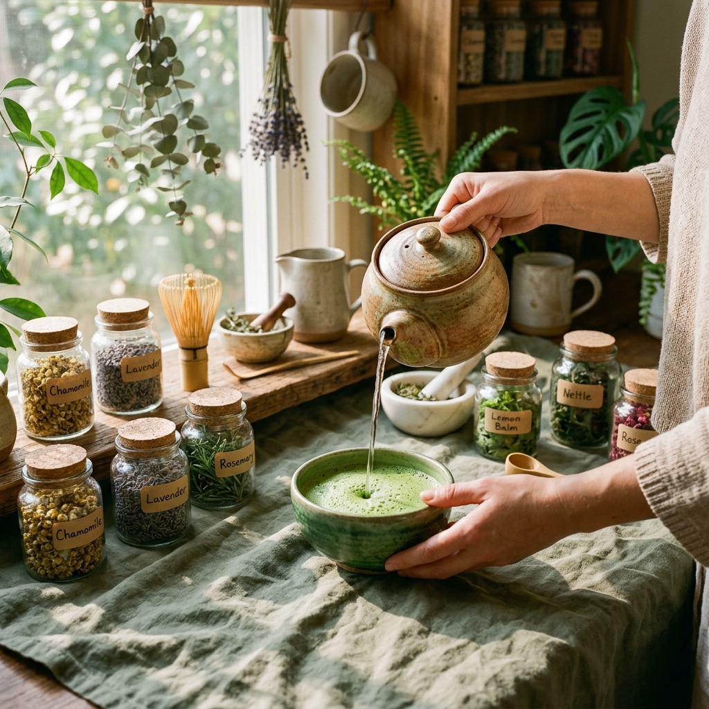 Mindful Botanical Rituals lab with ceremonial matcha, teapots, and ingredients