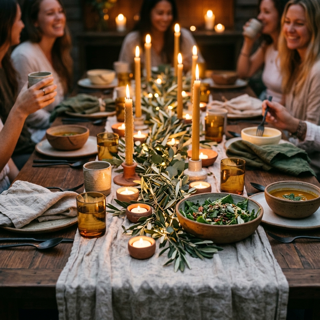 Intimate candlelit table setting for a Glow Gathering
